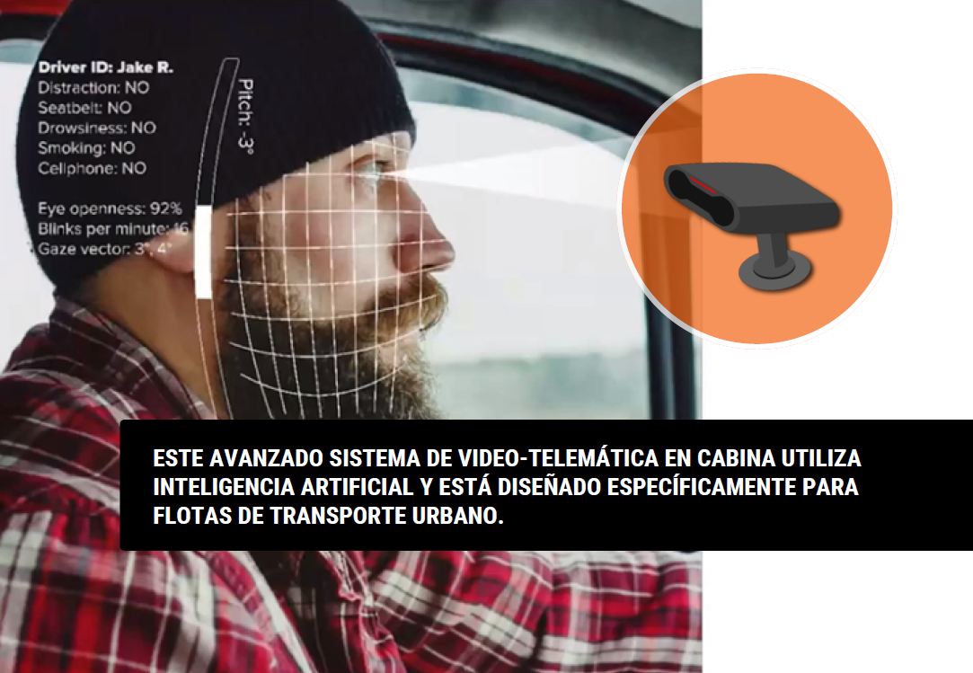 ESTE AVANZADO SISTEMA DE VIDEO-TELEMÁTICA EN CABINA UTILIZA INTELIGENCIA ARTIFICIAL Y ESTÁ DISEÑADO ESPECÍFICAMENTE PARA FLOTAS DE TRANSPORTE URBANO. Sistema de prevención de riesgos al conducir con sistema de detección de eventos y análisis en tiempo real de imágenes con inteligencia artificial. 5. SISTEMA DE DETECCIÓN SOMNOLENCIA Y DISTRACCIÓN PARA TRANSPORTE URBANO