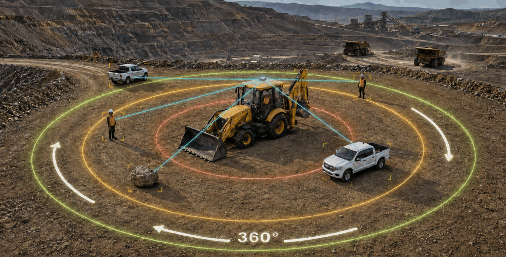 Sistema anticolisión 360° PROX-EYE detectando personas, vehículos y obstáculos en una faena minera